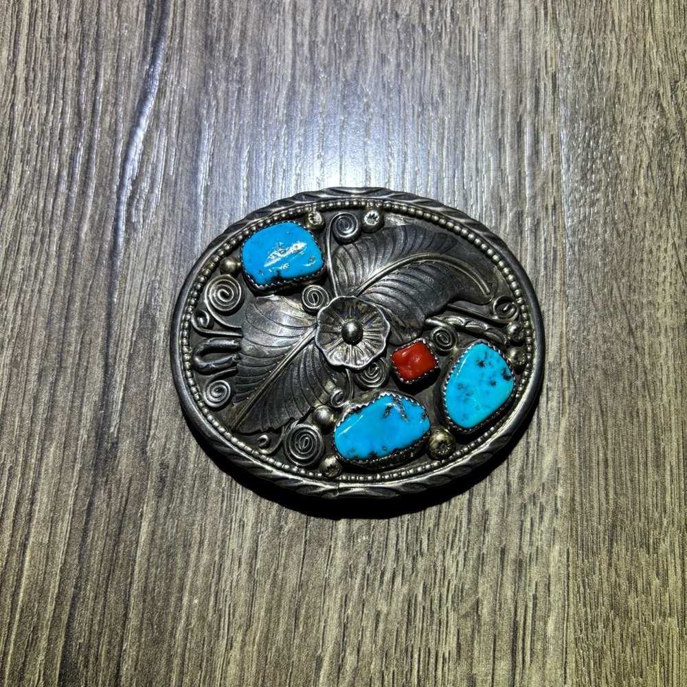 Signed Navajo Turquoise Coral Sterling Silver Belt Buckle -HT- Vintage Native